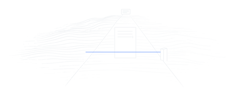 Line drawing: a half-written reply waits on a track across lit ground, behind a closed gate whose blue arm spans the track, with a small speech bubble far back where the track begins.