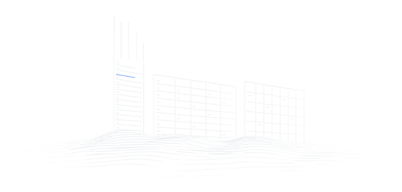 Line drawing: three screens, a list, a table and a calendar with one booking across three days, rise from lit ground. The list is still going up, its frame open at the top and its newest row ruled in blue.