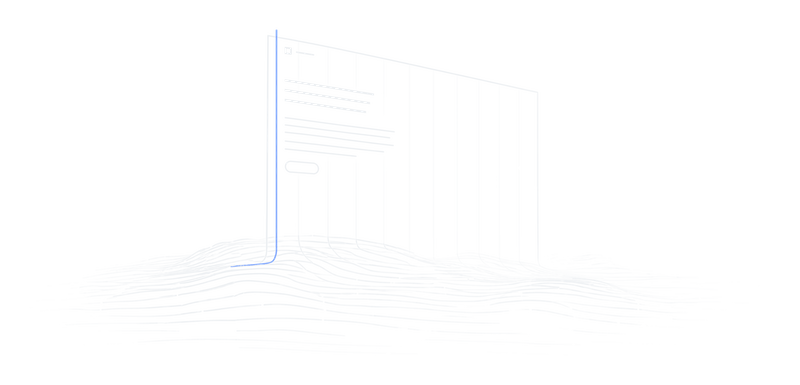Line drawing: a web page stands on lit ground, its layout guides rising out of the land, with one blue margin line.