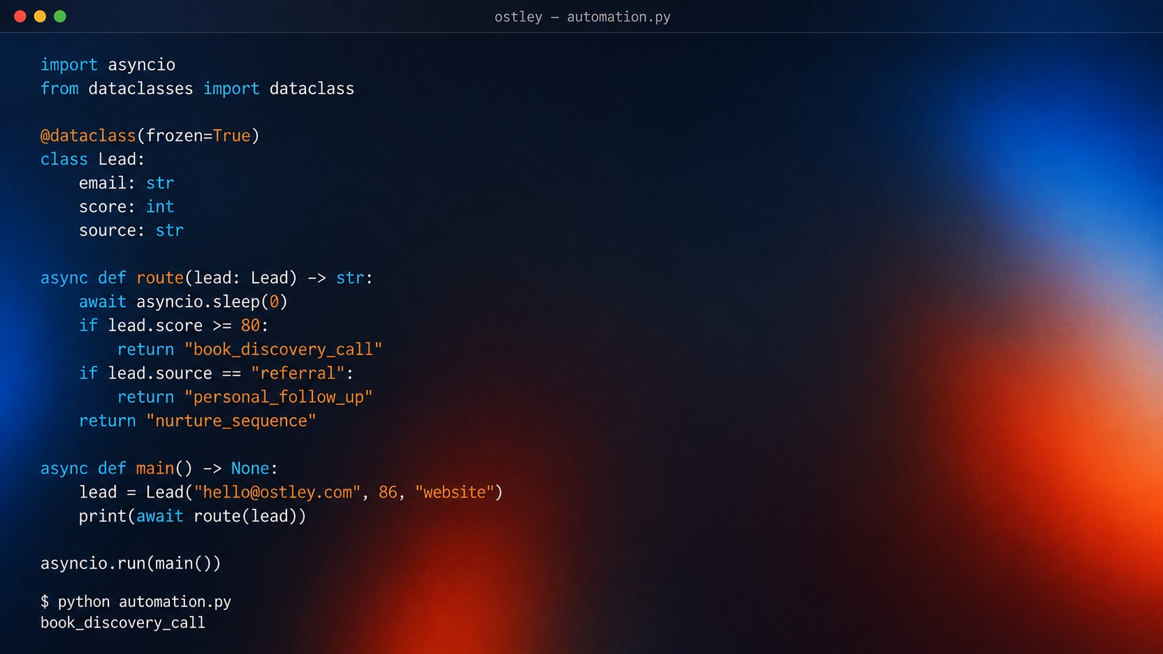 A terminal window running a small lead-routing script, lit blue and orange